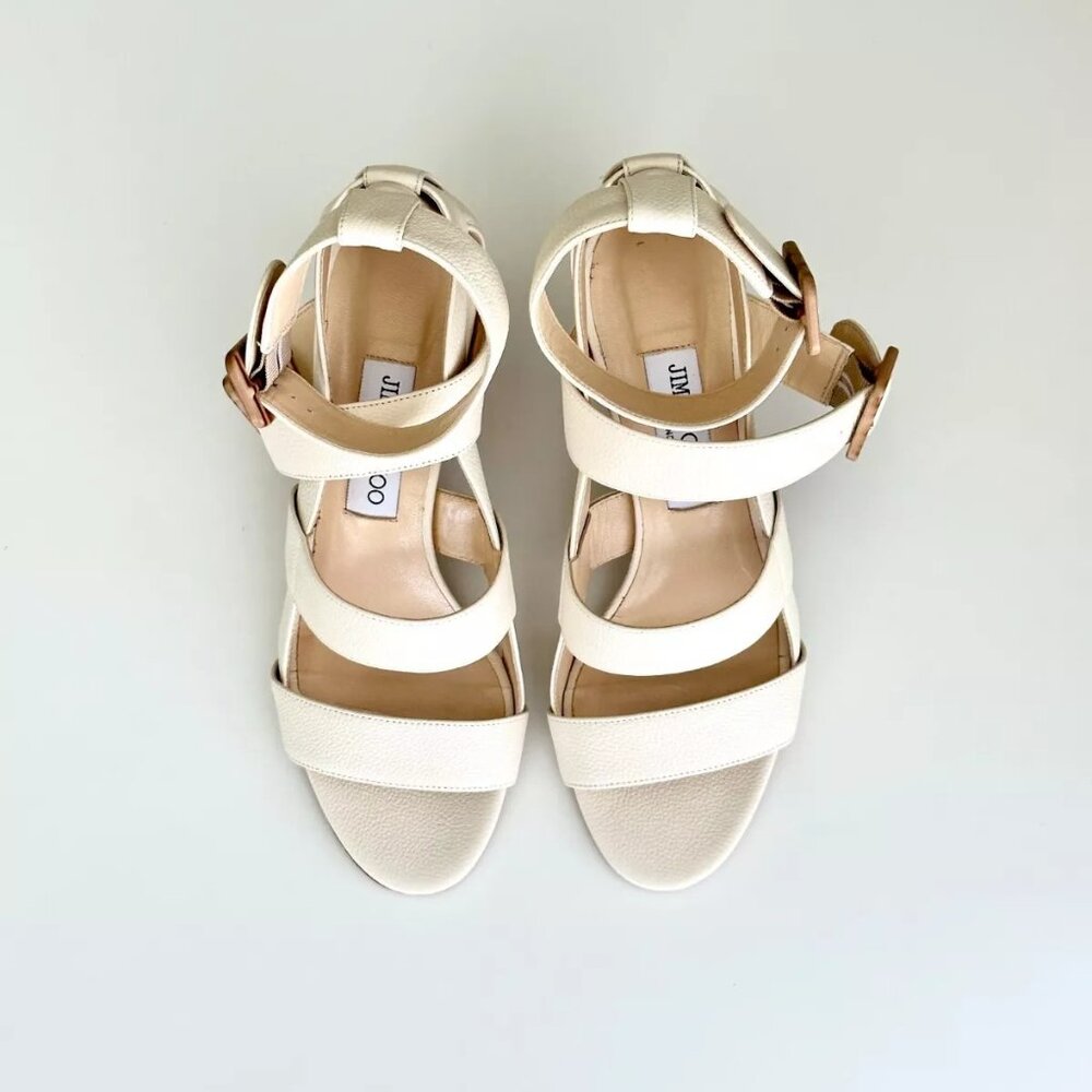 JIMMY CHOO Strappy Leather Ankle Strap Block Heel Sandals in Ivory Size 38 US 8